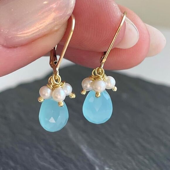 NEW 14k Aqua Blue and Freshwater Pearl Earrings - Picture 6 of 7
